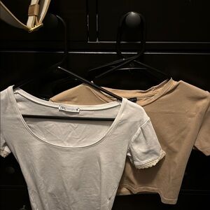 Zara white and khaki Fitted Crop Top Short Sleeve